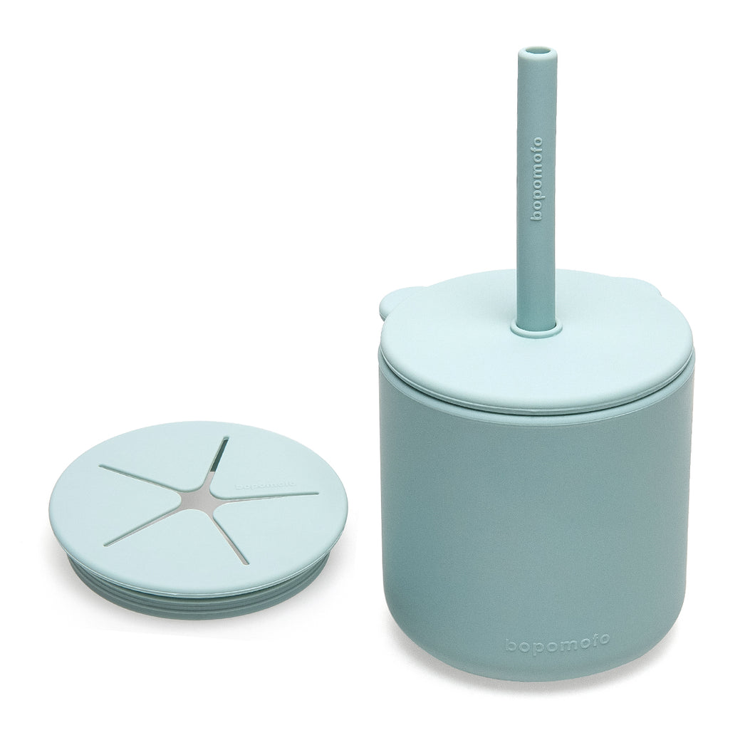 Bear Silicone Straw Cup with Lid . Mist Blue
